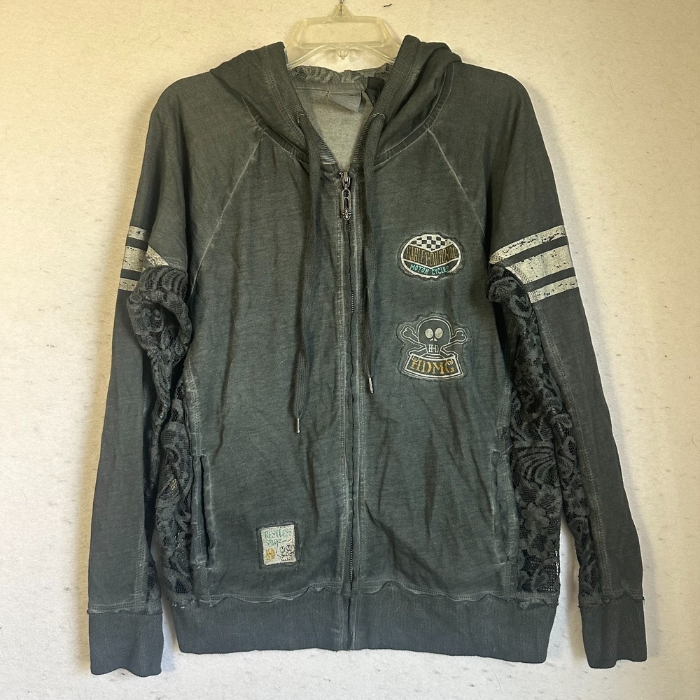 Harley Davidson Distressed Gray Hooded‎ Jacket sz M Patches lace womens